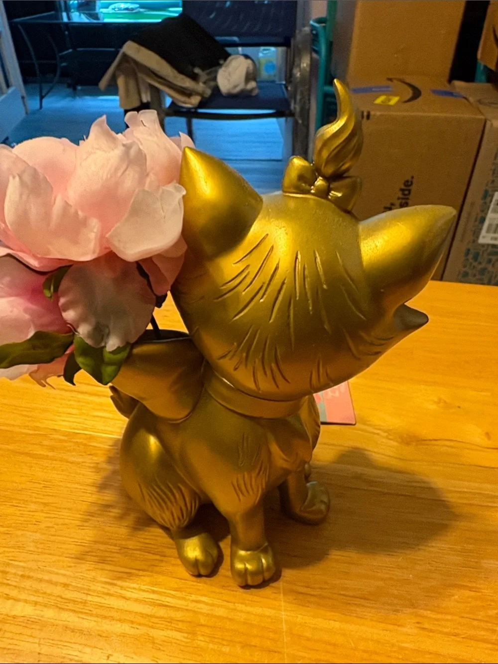 Disney Gold Marie Figurine Planter with Pink Faux Peony
